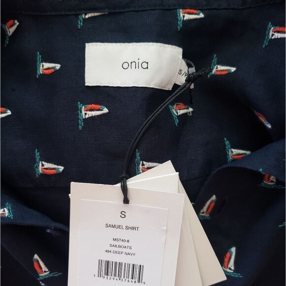 Onia 100% Linen Samuel Embroidered Sailboat Short Sleeve Buttondown Blue Shirt - Picture 10 of 12